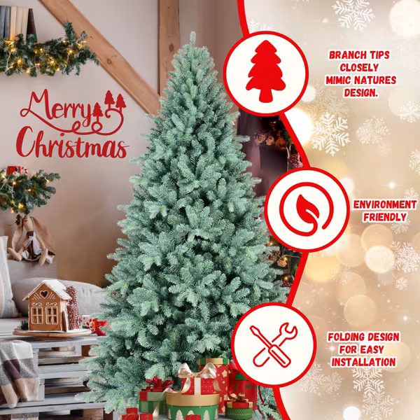 Artificial 6ft Blue Green Tint Christmas Tree With 1390 PE PVC Mixed Branch Tips, Memory Wire Iron Wire, Hinged Premium & Foldable Base For Indoor Holiday Decorating