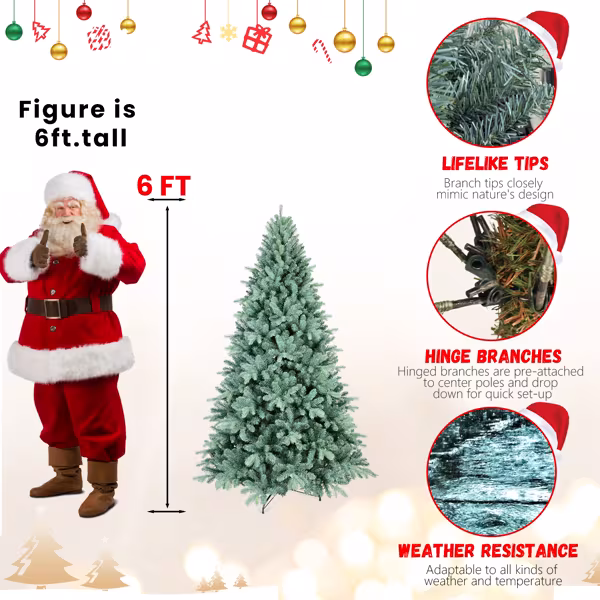 Artificial 6ft Blue Green Tint Christmas Tree With 1390 PE PVC Mixed Branch Tips, Memory Wire Iron Wire, Hinged Premium & Foldable Base For Indoor Holiday Decorating