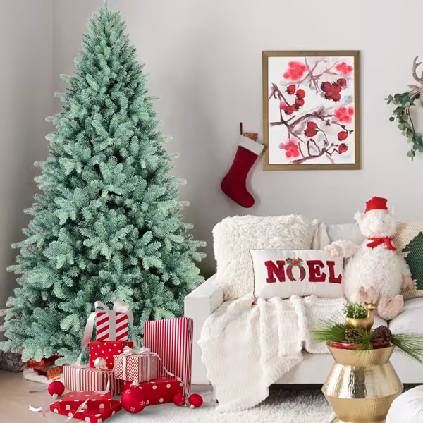Artificial 6ft Blue Green Tint Christmas Tree With 1390 PE PVC Mixed Branch Tips, Memory Wire Iron Wire, Hinged Premium & Foldable Base For Indoor Holiday Decorating
