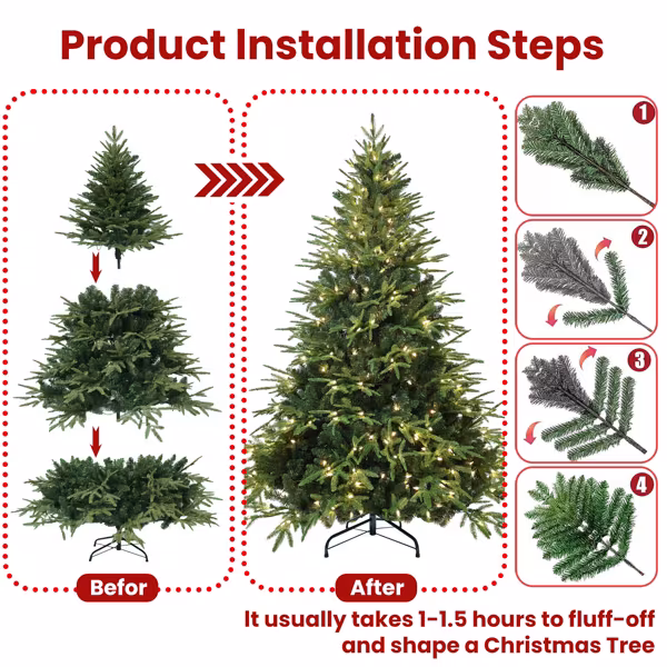 Artificial 6.5ft Green Christmas Tree With 2225 PE PVC Mixed Branch Tips, 450L Warm White Led, Steel Wire, Hinged Premium & Foldable Base For Indoor Holiday Decorating