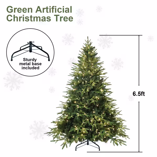 Artificial 6.5ft Green Christmas Tree With 2225 PE PVC Mixed Branch Tips, 450L Warm White Led, Steel Wire, Hinged Premium & Foldable Base For Indoor Holiday Decorating