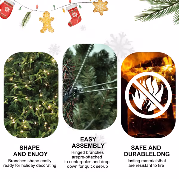Artificial 6.5ft Green Christmas Tree With 2225 PE PVC Mixed Branch Tips, 450L Warm White Led, Steel Wire, Hinged Premium & Foldable Base For Indoor Holiday Decorating