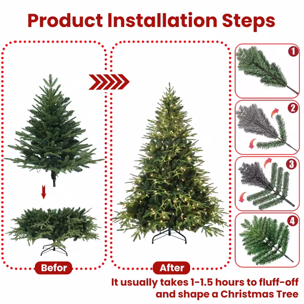 Artificial 6.5ft Green Christmas Tree With 2225 PE PVC Mixed Branch Tips, 450L Warm White Led, Steel Wire, Hinged Premium & Foldable Base For Indoor Holiday Decorating