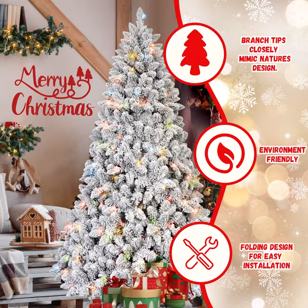 Artificial 4ft Flocked Christmas Tree With 366 PVC Branch Tips, Pine Conex21pcs, 150L Colorful Led, Memory Wire Iron Wire, Hinged Premium & Foldable Base For Indoor Holiday Decorating