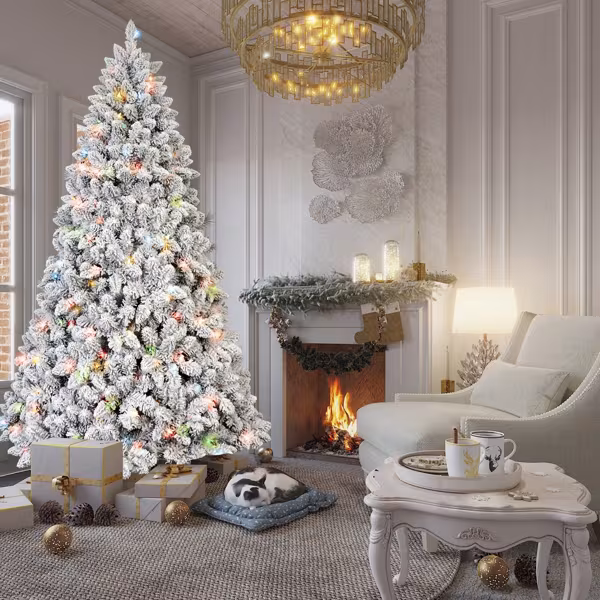 Artificial 4ft Flocked Christmas Tree With 366 PVC Branch Tips, Pine Conex21pcs, 150L Colorful Led, Memory Wire Iron Wire, Hinged Premium & Foldable Base For Indoor Holiday Decorating