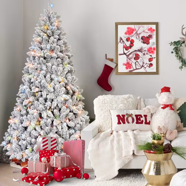 Artificial 4ft Flocked Christmas Tree With 366 PVC Branch Tips, Pine Conex21pcs, 150L Colorful Led, Memory Wire Iron Wire, Hinged Premium & Foldable Base For Indoor Holiday Decorating