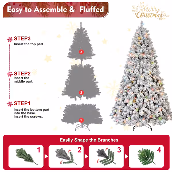 Artificial 4ft Flocked Christmas Tree With 366 PVC Branch Tips, Pine Conex21pcs, 150L Colorful Led, Memory Wire Iron Wire, Hinged Premium & Foldable Base For Indoor Holiday Decorating