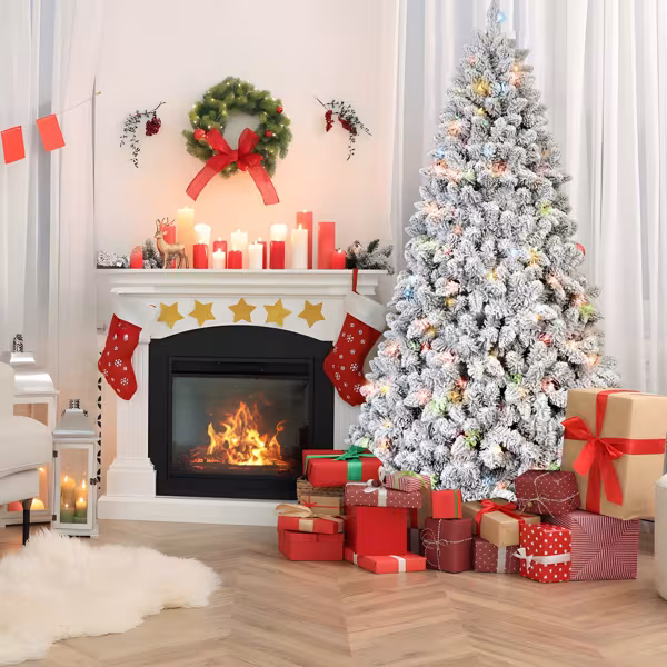 Artificial 4ft Flocked Christmas Tree With 366 PVC Branch Tips, Pine Conex21pcs, 150L Colorful Led, Memory Wire Iron Wire, Hinged Premium & Foldable Base For Indoor Holiday Decorating