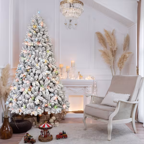 Artificial 4ft Flocked Christmas Tree With 366 PVC Branch Tips, Pine Conex21pcs, 150L Colorful Led, Memory Wire Iron Wire, Hinged Premium & Foldable Base For Indoor Holiday Decorating