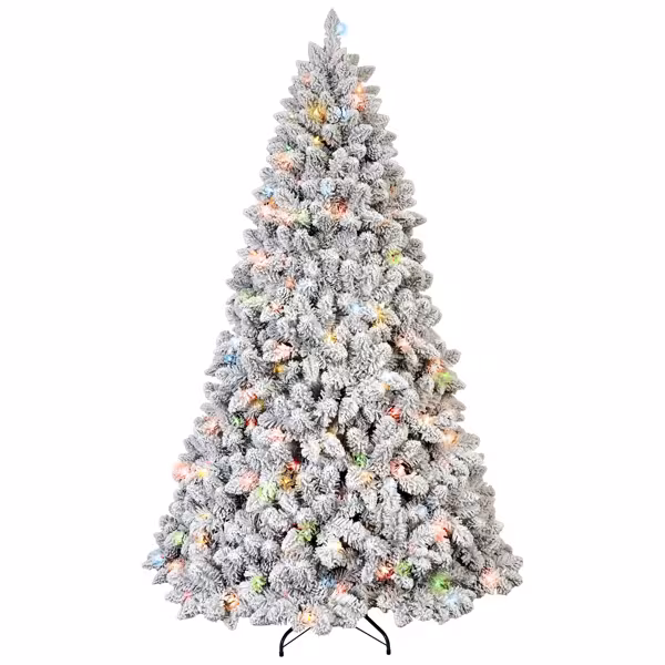 Artificial 4ft Flocked Christmas Tree With 366 PVC Branch Tips, Pine Conex21pcs, 150L Colorful Led, Memory Wire Iron Wire, Hinged Premium & Foldable Base For Indoor Holiday Decorating