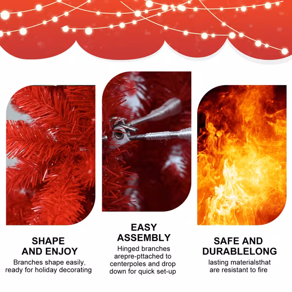 T3637P3398087FT Red Christmas Tree Pure Red PVC Tree With 1066 Tips, Hinged Branches For Easy Setup, Stable Metal Stand, Bold Holiday Decoration