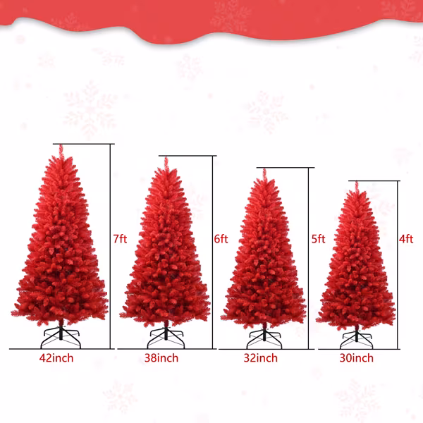 T3637P3398087FT Red Christmas Tree Pure Red PVC Tree With 1066 Tips, Hinged Branches For Easy Setup, Stable Metal Stand, Bold Holiday Decoration