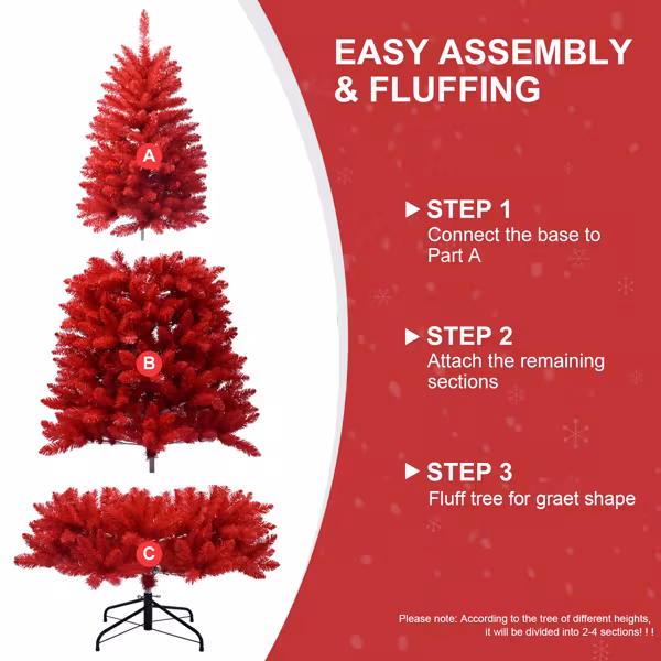 T3637P3398087FT Red Christmas Tree Pure Red PVC Tree With 1066 Tips, Hinged Branches For Easy Setup, Stable Metal Stand, Bold Holiday Decoration
