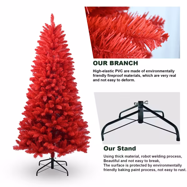 T3637P3398087FT Red Christmas Tree Pure Red PVC Tree With 1066 Tips, Hinged Branches For Easy Setup, Stable Metal Stand, Bold Holiday Decoration