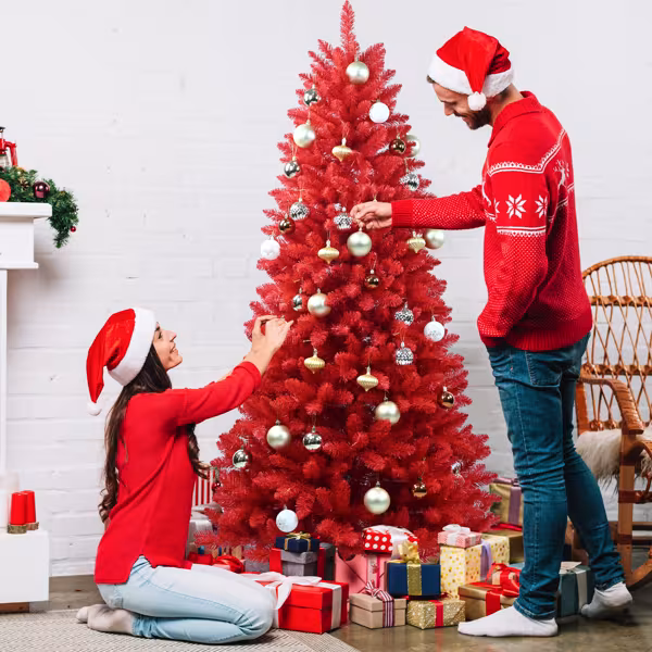 T3637P3398087FT Red Christmas Tree Pure Red PVC Tree With 1066 Tips, Hinged Branches For Easy Setup, Stable Metal Stand, Bold Holiday Decoration