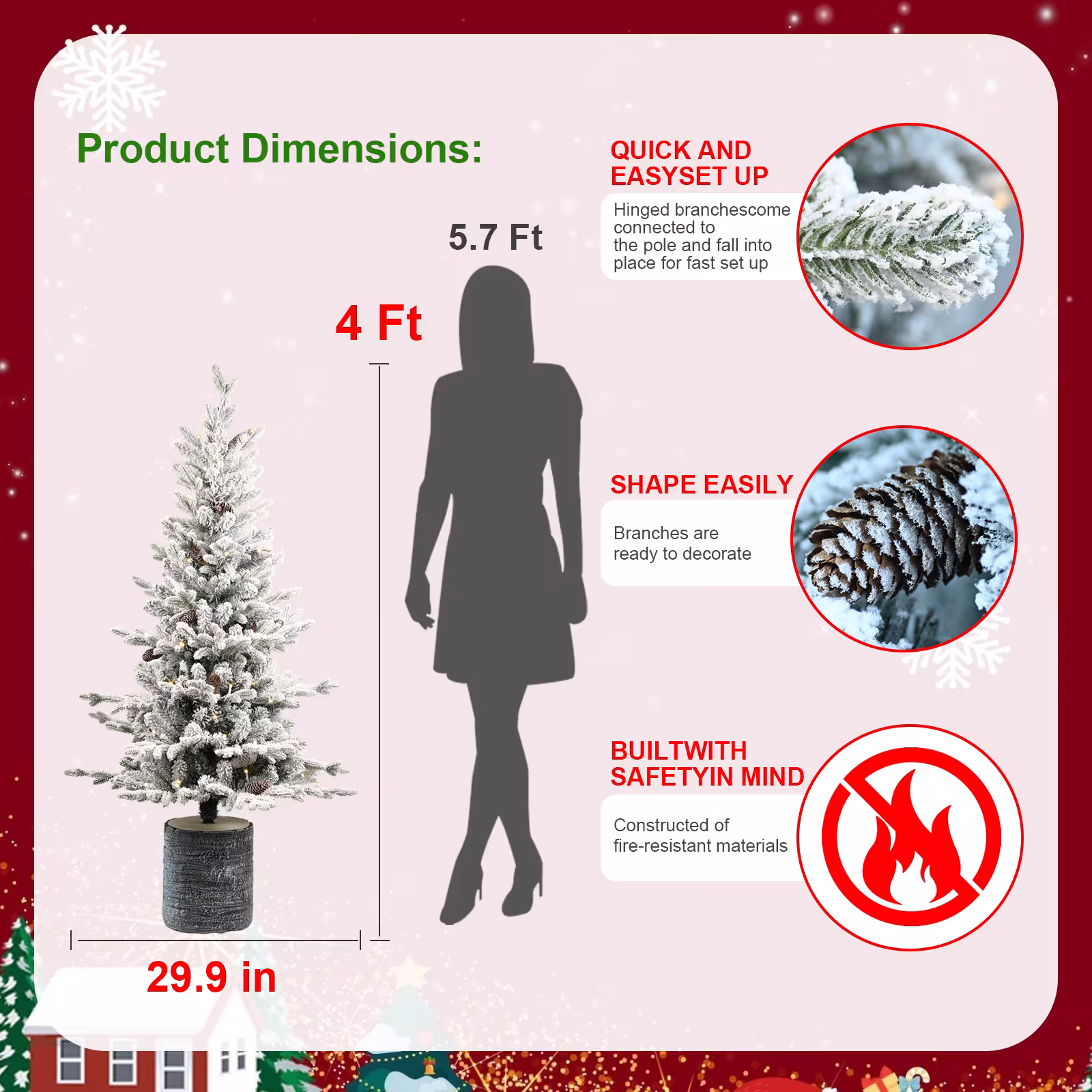 2,3,4,5,6ft PE PVC Decorated Flocking Basin Tree Artificial Christmas Tree