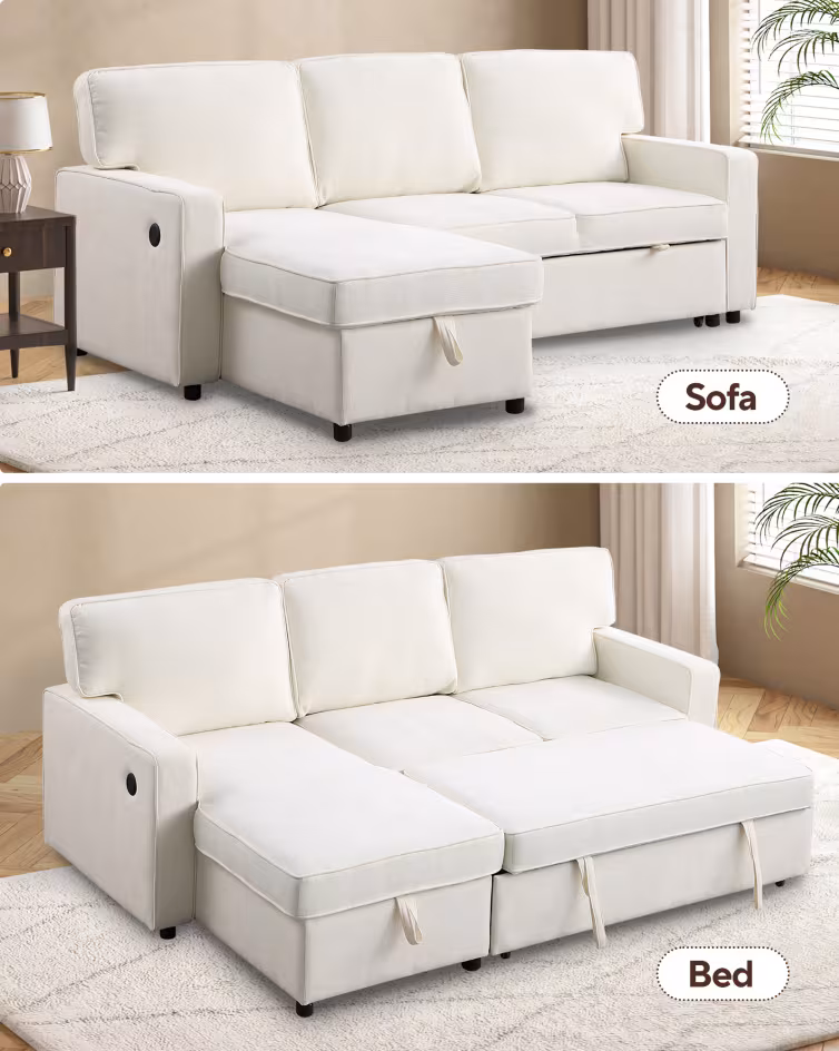 USTYLE Upholstery Sleeper Sectional Sofa With Storage Space, USB Port, 2 Cup Holders On Back Cushions