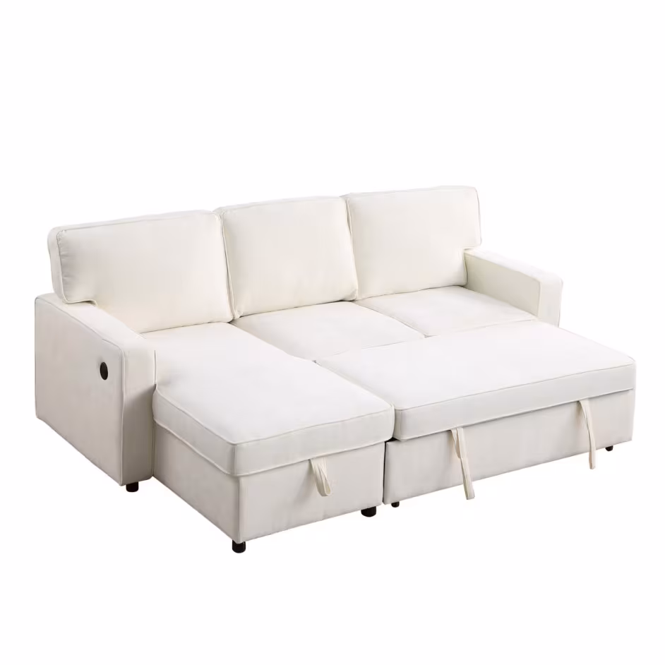 USTYLE Upholstery Sleeper Sectional Sofa With Storage Space, USB Port, 2 Cup Holders On Back Cushions