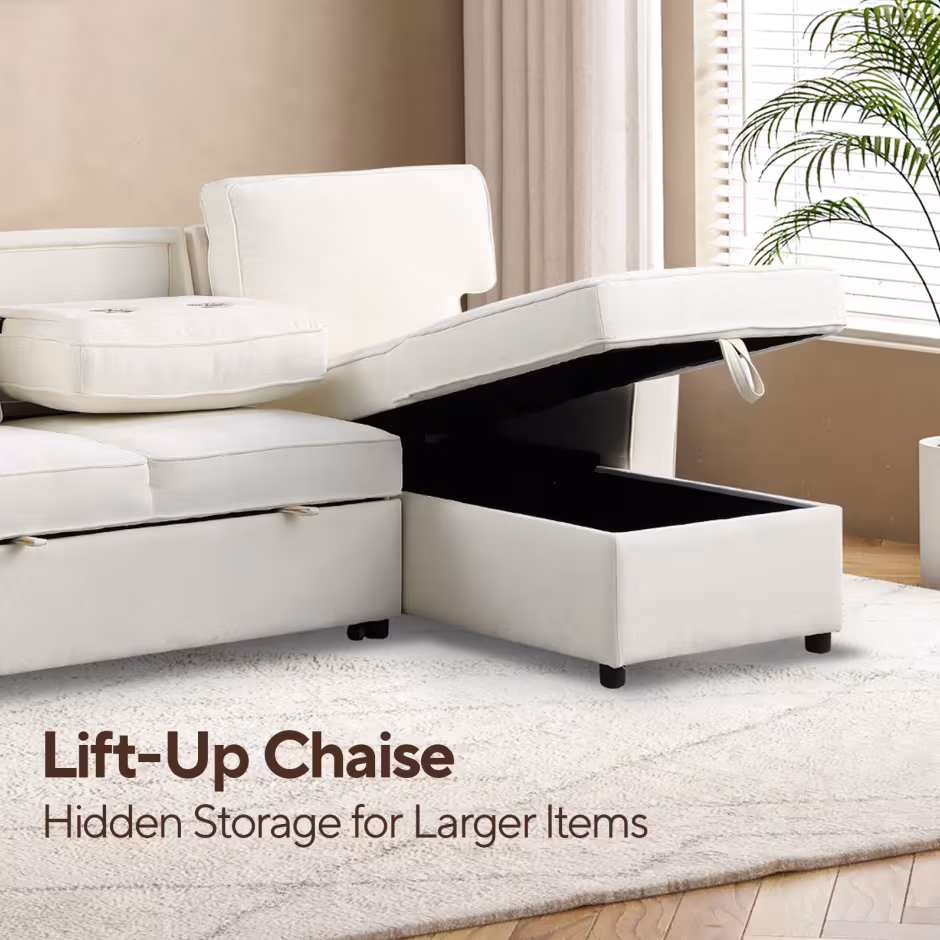 USTYLE Upholstery Sleeper Sectional Sofa With Storage Space, USB Port, 2 Cup Holders On Back Cushions
