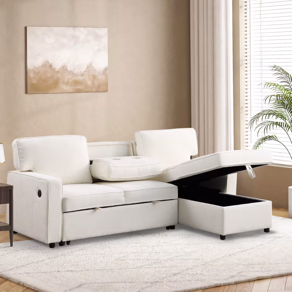 USTYLE Upholstery Sleeper Sectional Sofa With Storage Space, USB Port, 2 Cup Holders On Back Cushions