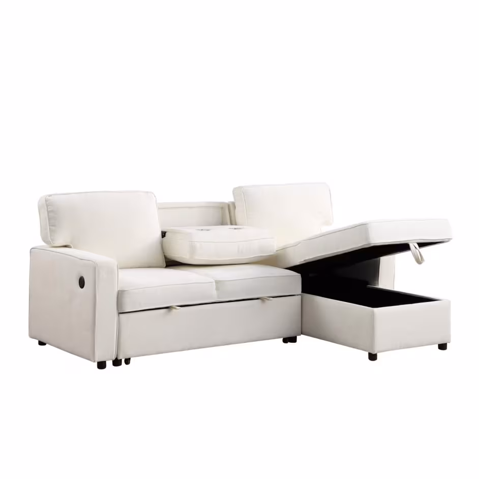 USTYLE Upholstery Sleeper Sectional Sofa With Storage Space, USB Port, 2 Cup Holders On Back Cushions