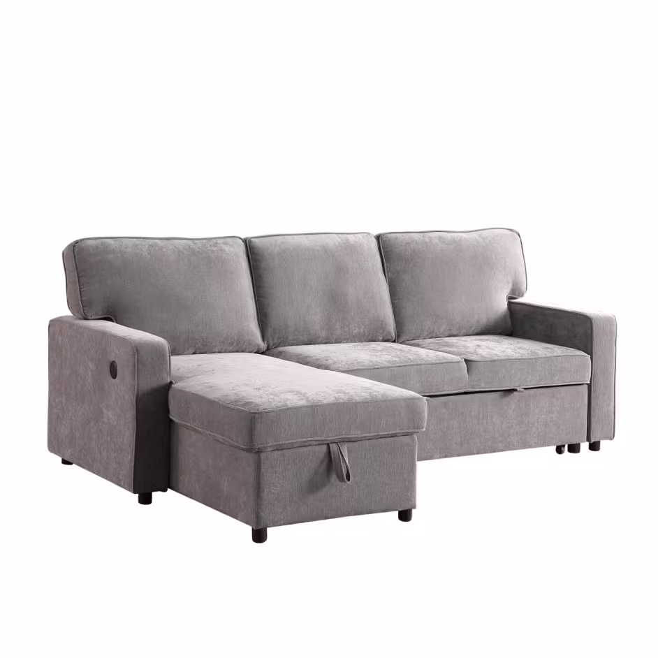 Upholstery Sleeper GREY Sectional Sofa With Storage Space, USB Port, 2 Cup Holders On Back Cushions