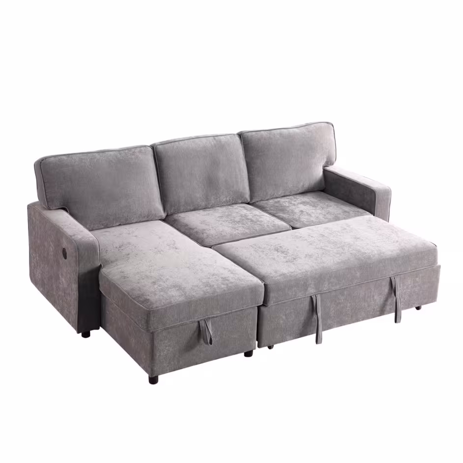Upholstery Sleeper GREY Sectional Sofa With Storage Space, USB Port, 2 Cup Holders On Back Cushions
