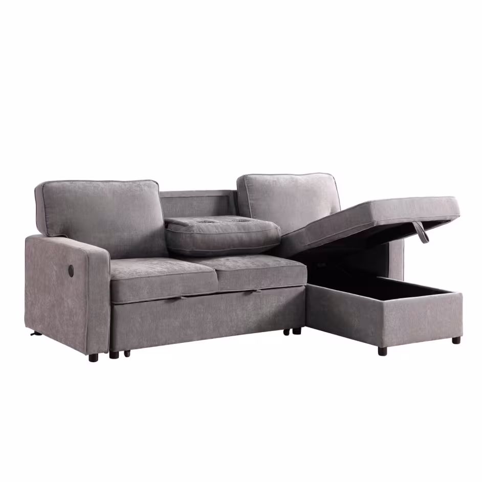 Upholstery Sleeper GREY Sectional Sofa With Storage Space, USB Port, 2 Cup Holders On Back Cushions