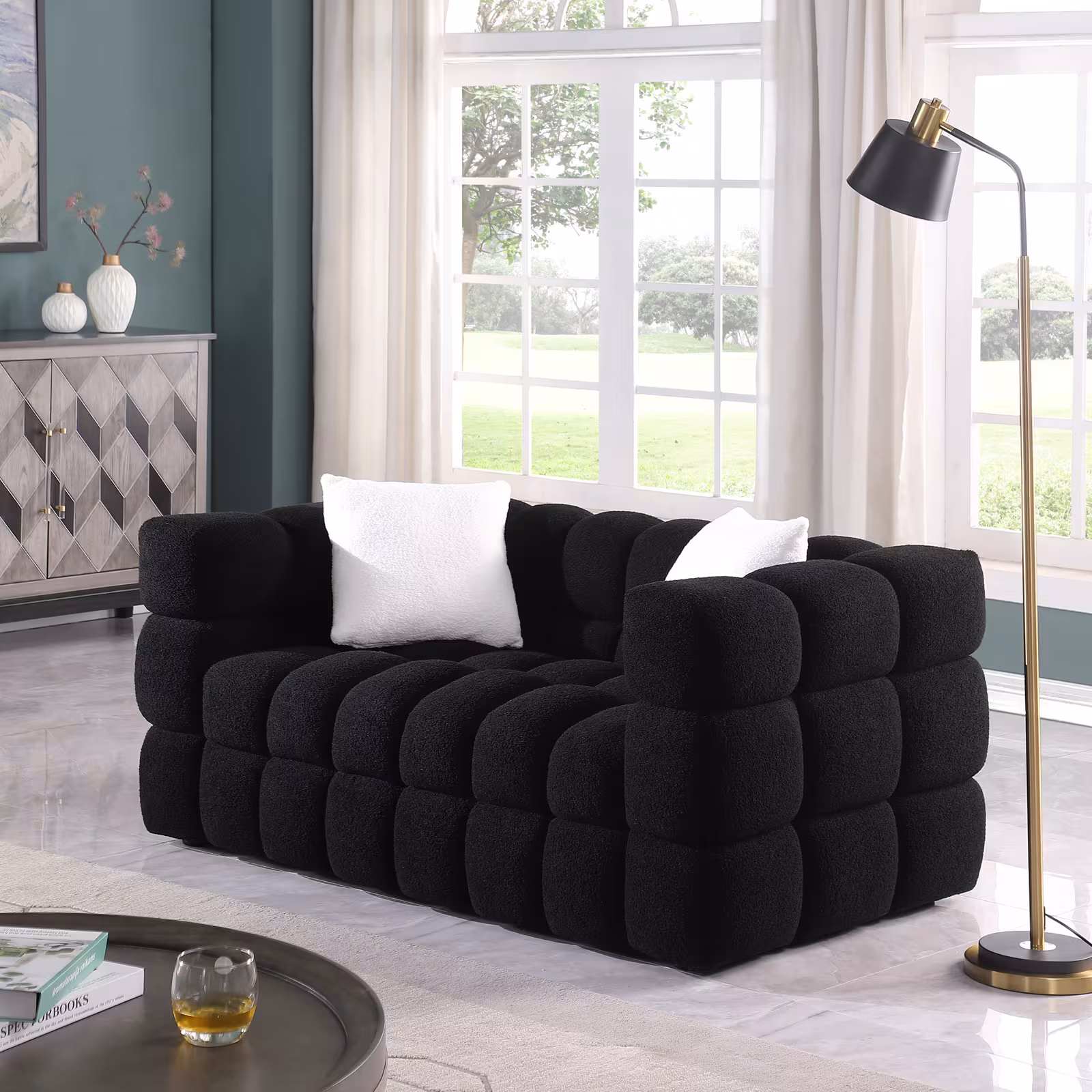 62.2length ,35.83inch Deepth ,human Body Structure For USA People, Marshmallow Sofa,boucle Sofa ,BLACK Color, 2 Seater