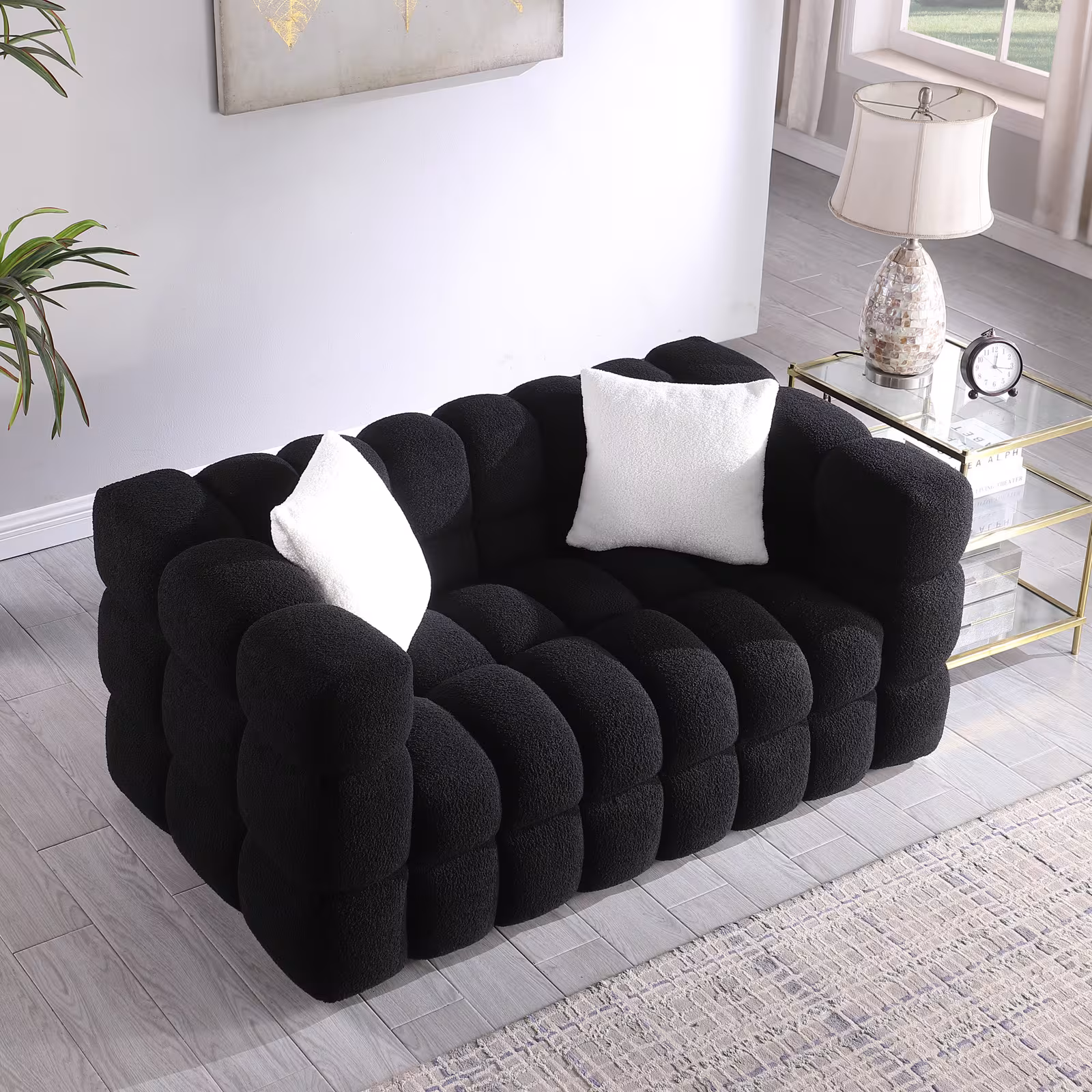 62.2length ,35.83inch Deepth ,human Body Structure For USA People, Marshmallow Sofa,boucle Sofa ,BLACK Color, 2 Seater