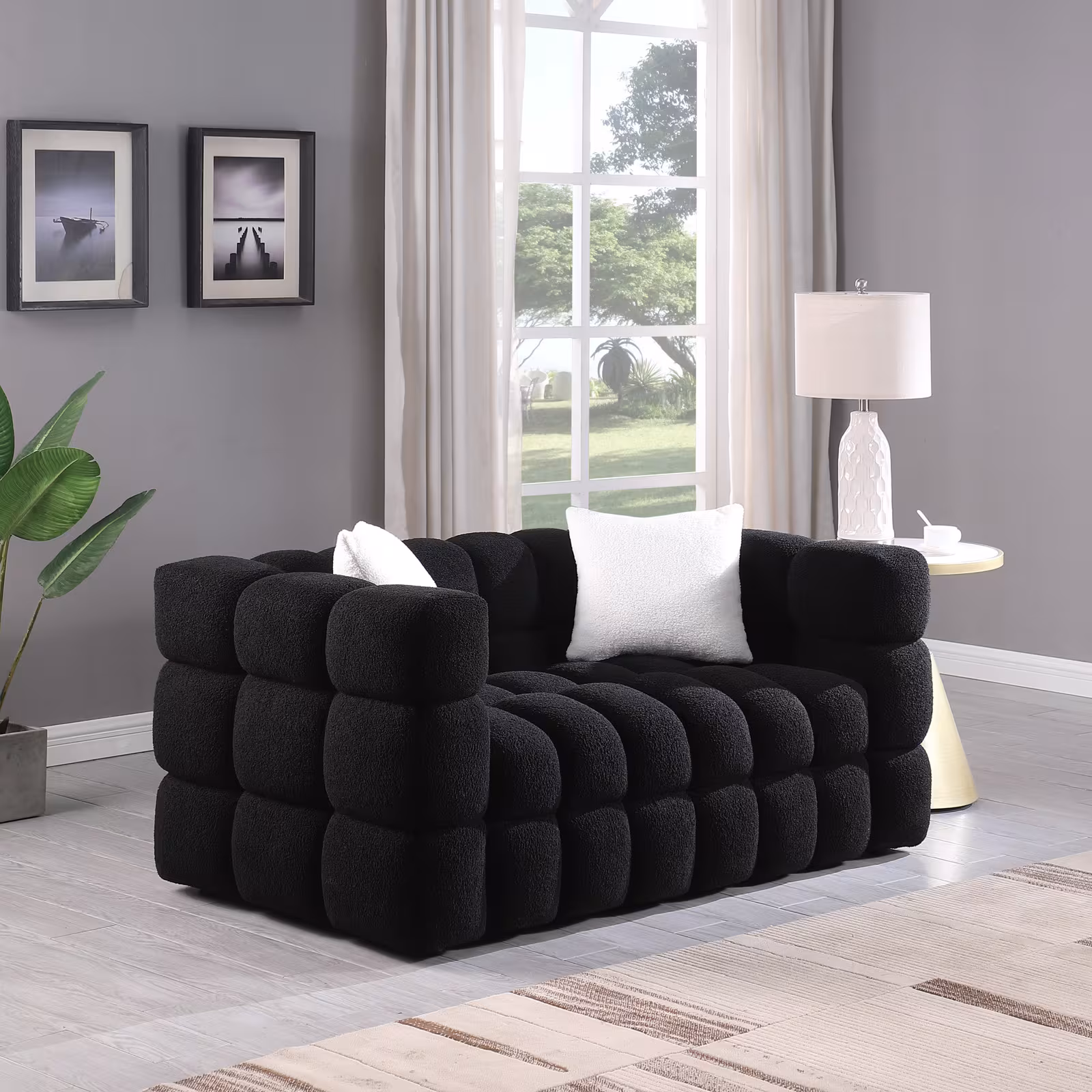 62.2length ,35.83inch Deepth ,human Body Structure For USA People, Marshmallow Sofa,boucle Sofa ,BLACK Color, 2 Seater
