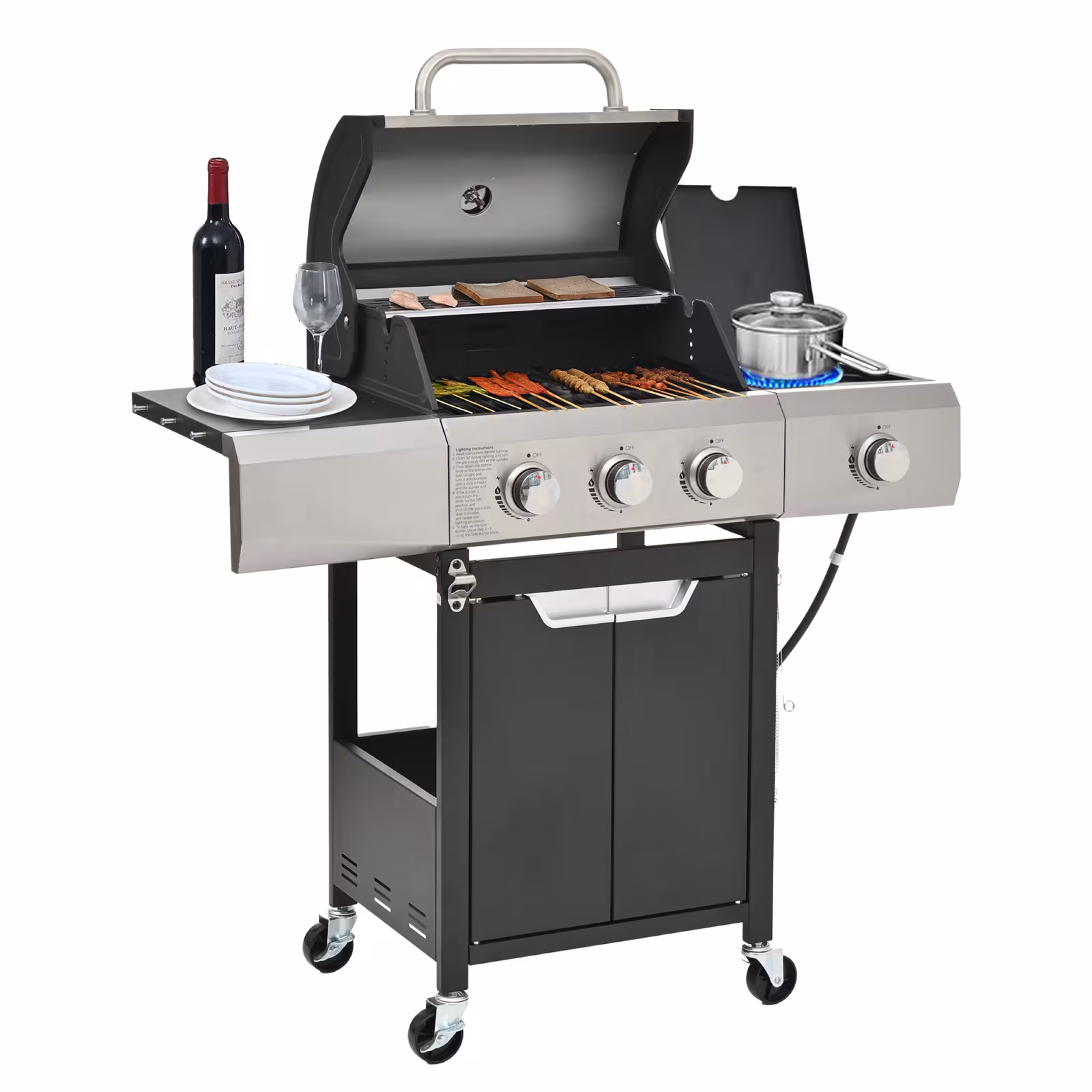 Propane Grill 3 Burner Barbecue Grill Stainless Steel Gas Grill With Side Burner For Outdoor BBQ, Camping
