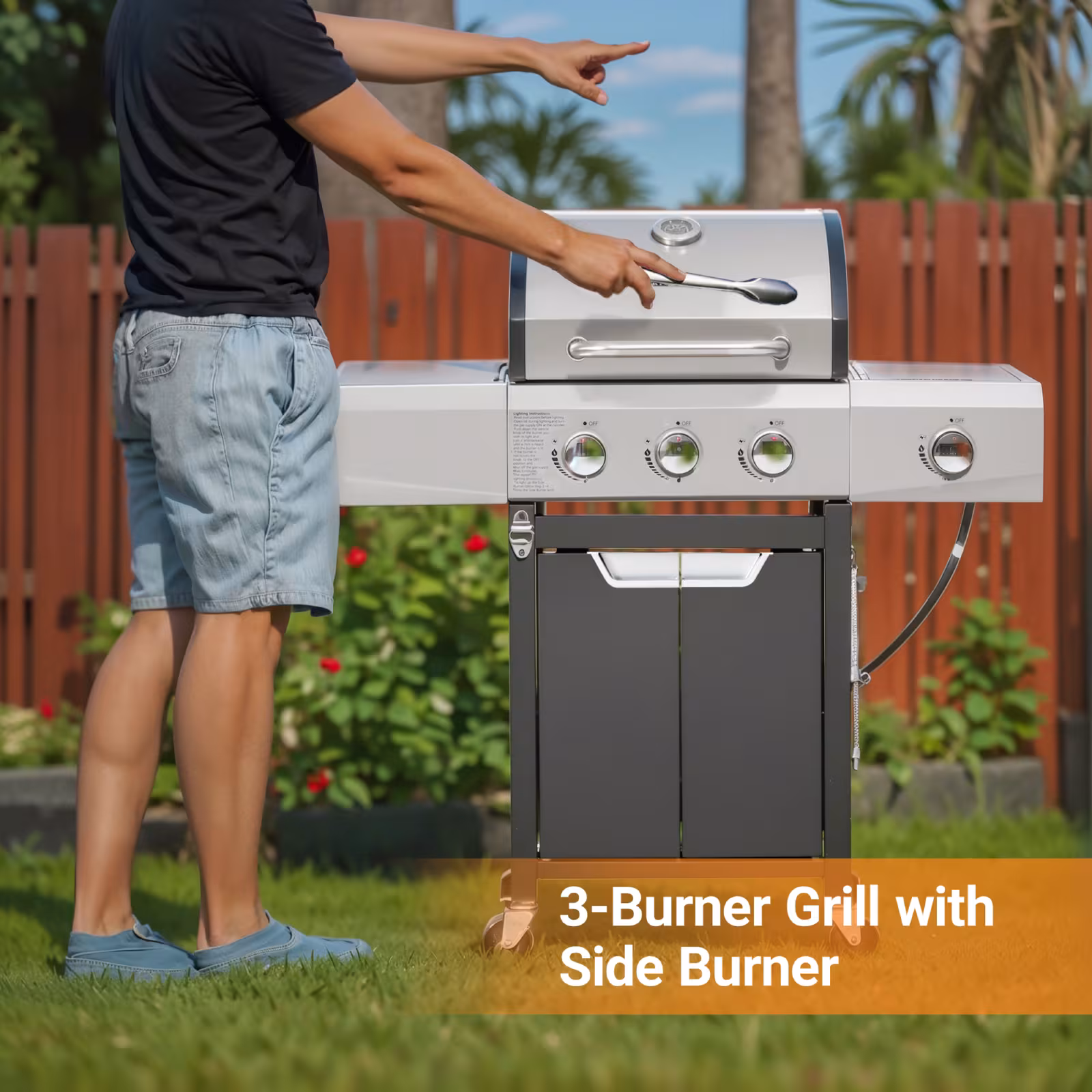 Propane Grill 3 Burner Barbecue Grill Stainless Steel Gas Grill With Side Burner For Outdoor BBQ, Camping