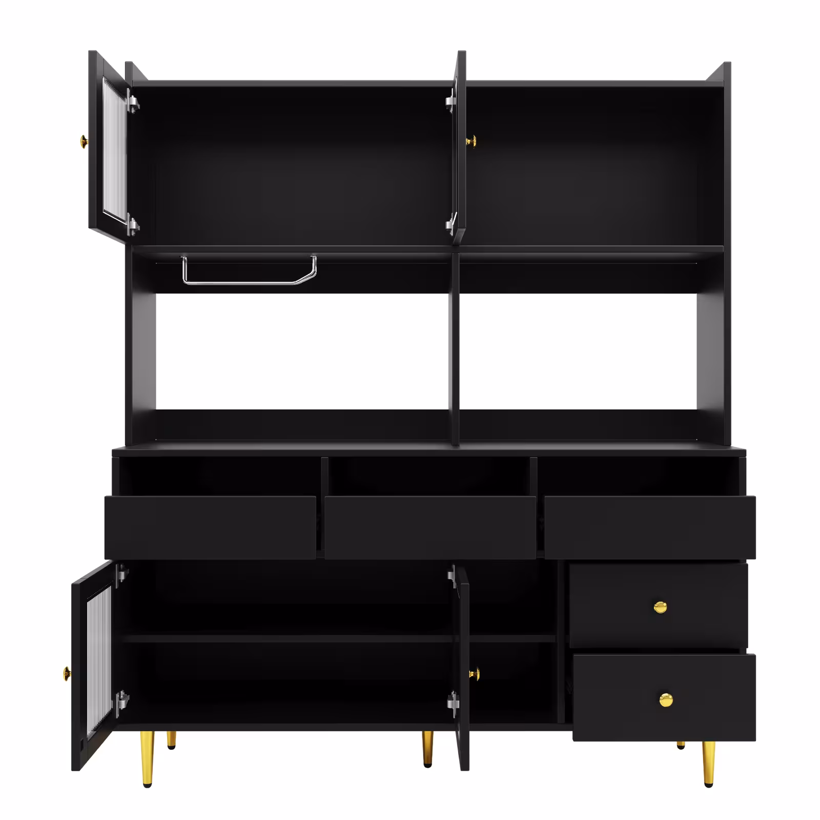 Multi-purpose Storage Cabinet145 X 39 X 171 Cm, Modern Design, With Changhong Glass Door, Wine Glass Holder, Multi-layered Storage Space, Black With Gold Decoration, Suitable For Home And Restaurant
