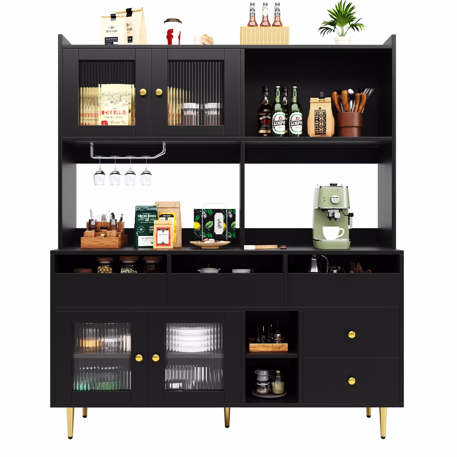 Multi-purpose Storage Cabinet145 X 39 X 171 Cm, Modern Design, With Changhong Glass Door, Wine Glass Holder, Multi-layered Storage Space, Black With Gold Decoration, Suitable For Home And Restaurant
