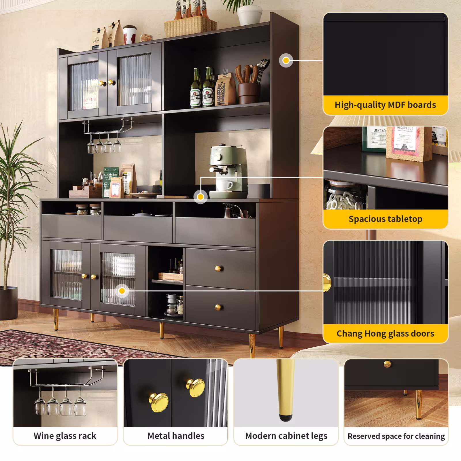 Multi-purpose Storage Cabinet145 X 39 X 171 Cm, Modern Design, With Changhong Glass Door, Wine Glass Holder, Multi-layered Storage Space, Black With Gold Decoration, Suitable For Home And Restaurant