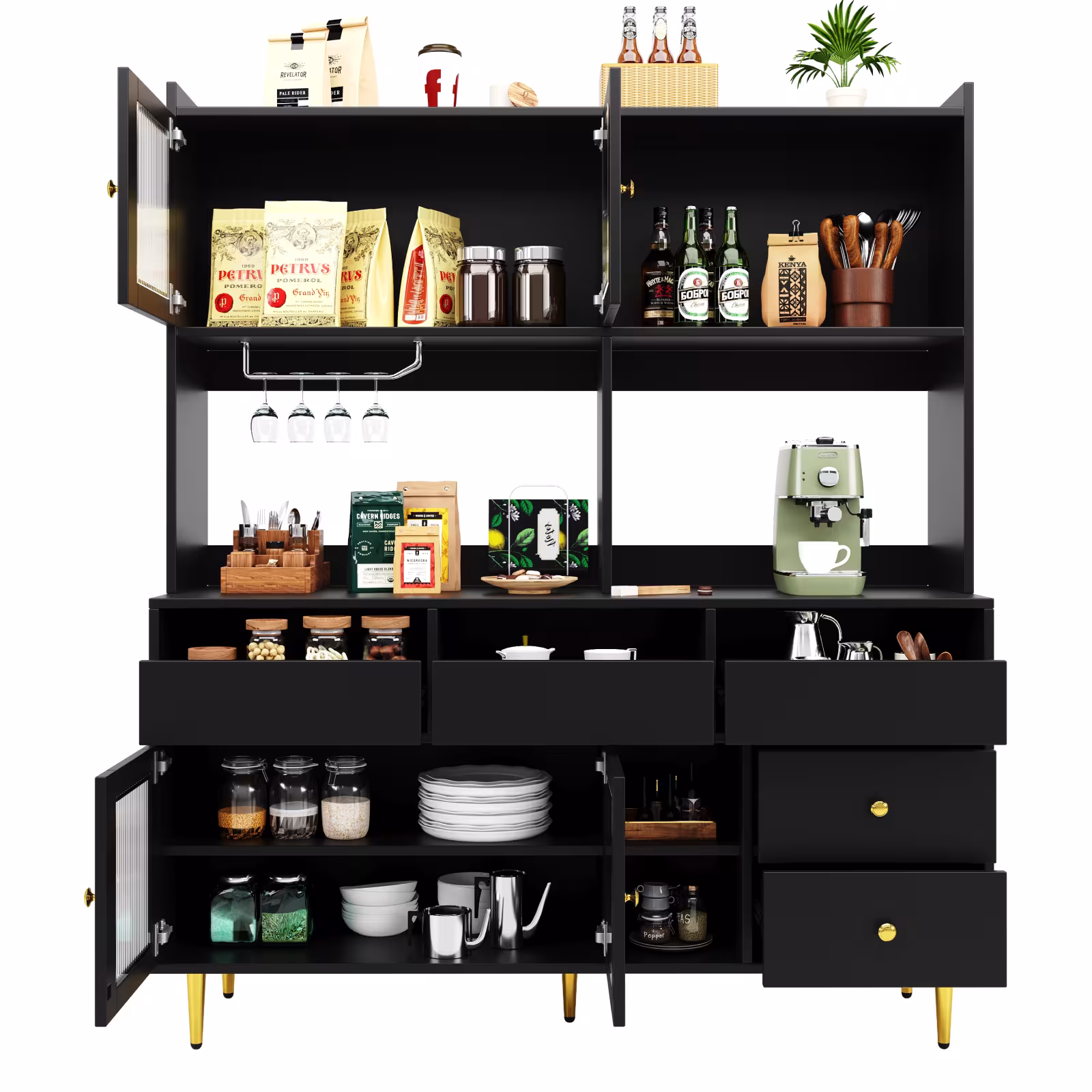 Multi-purpose Storage Cabinet145 X 39 X 171 Cm, Modern Design, With Changhong Glass Door, Wine Glass Holder, Multi-layered Storage Space, Black With Gold Decoration, Suitable For Home And Restaurant