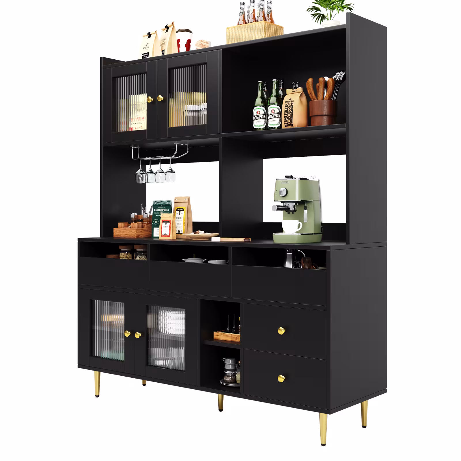 Multi-purpose Storage Cabinet145 X 39 X 171 Cm, Modern Design, With Changhong Glass Door, Wine Glass Holder, Multi-layered Storage Space, Black With Gold Decoration, Suitable For Home And Restaurant