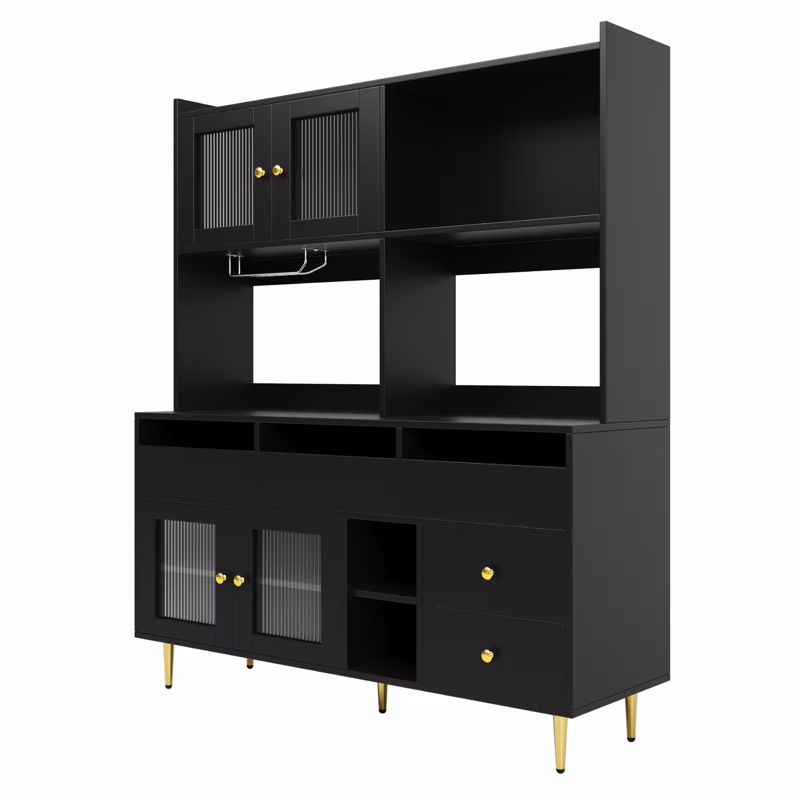 Multi-purpose Storage Cabinet145 X 39 X 171 Cm, Modern Design, With Changhong Glass Door, Wine Glass Holder, Multi-layered Storage Space, Black With Gold Decoration, Suitable For Home And Restaurant