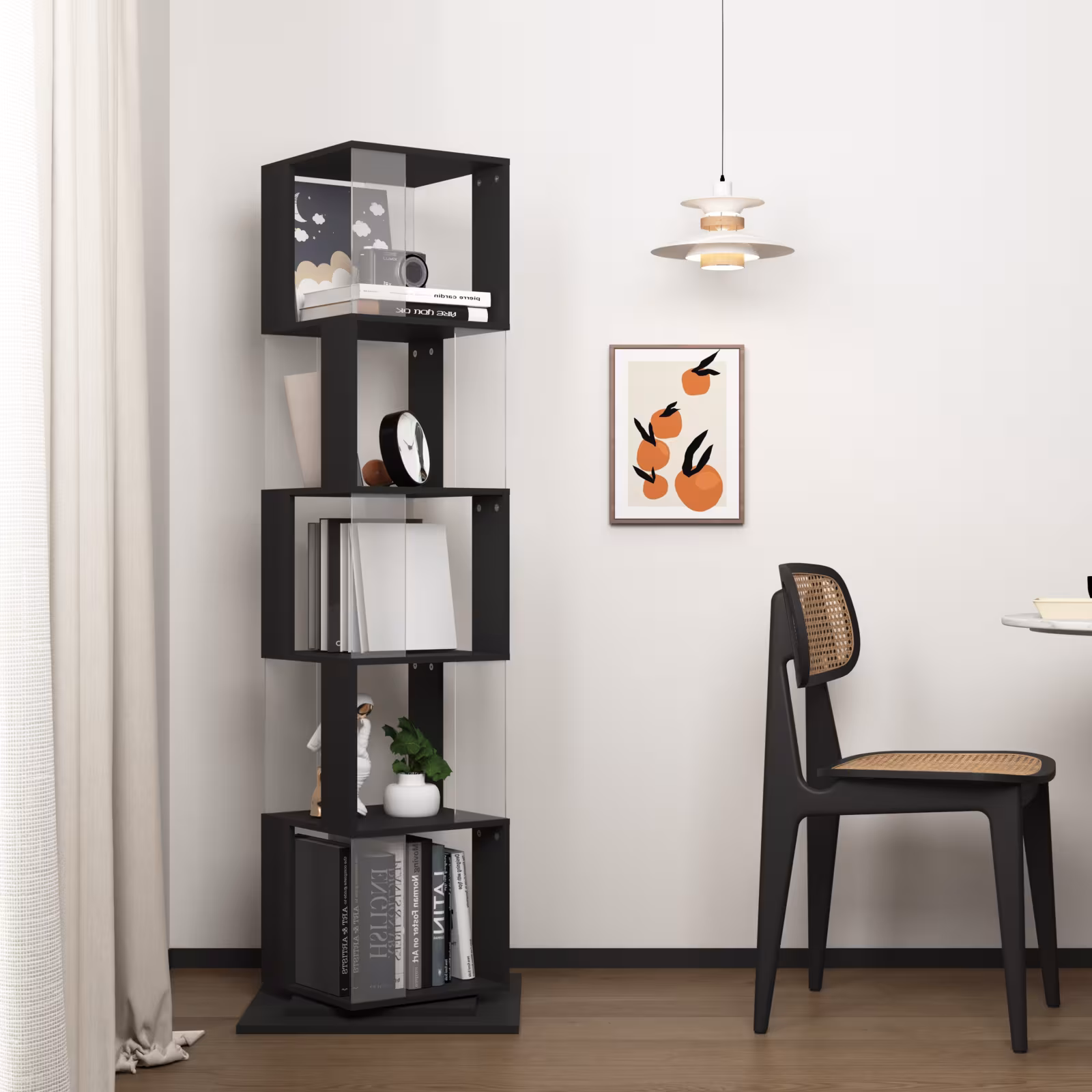 360 Rotating Bookshelf With Acrylic Plate, 5-Tier Tall, Floor Rack Simple Bookcase, Modern Display Shelf For Living Room Home Office Bedroom