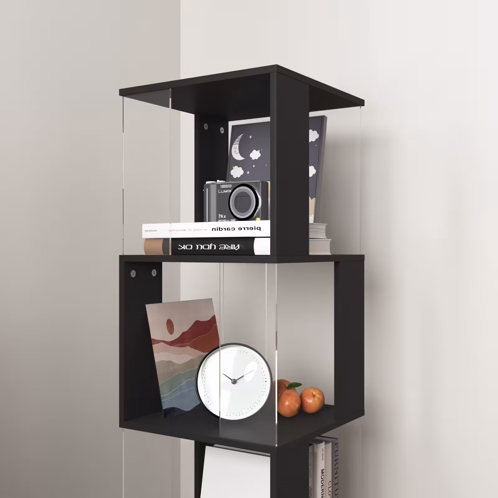 360 Rotating Bookshelf With Acrylic Plate, 5-Tier Tall, Floor Rack Simple Bookcase, Modern Display Shelf For Living Room Home Office Bedroom