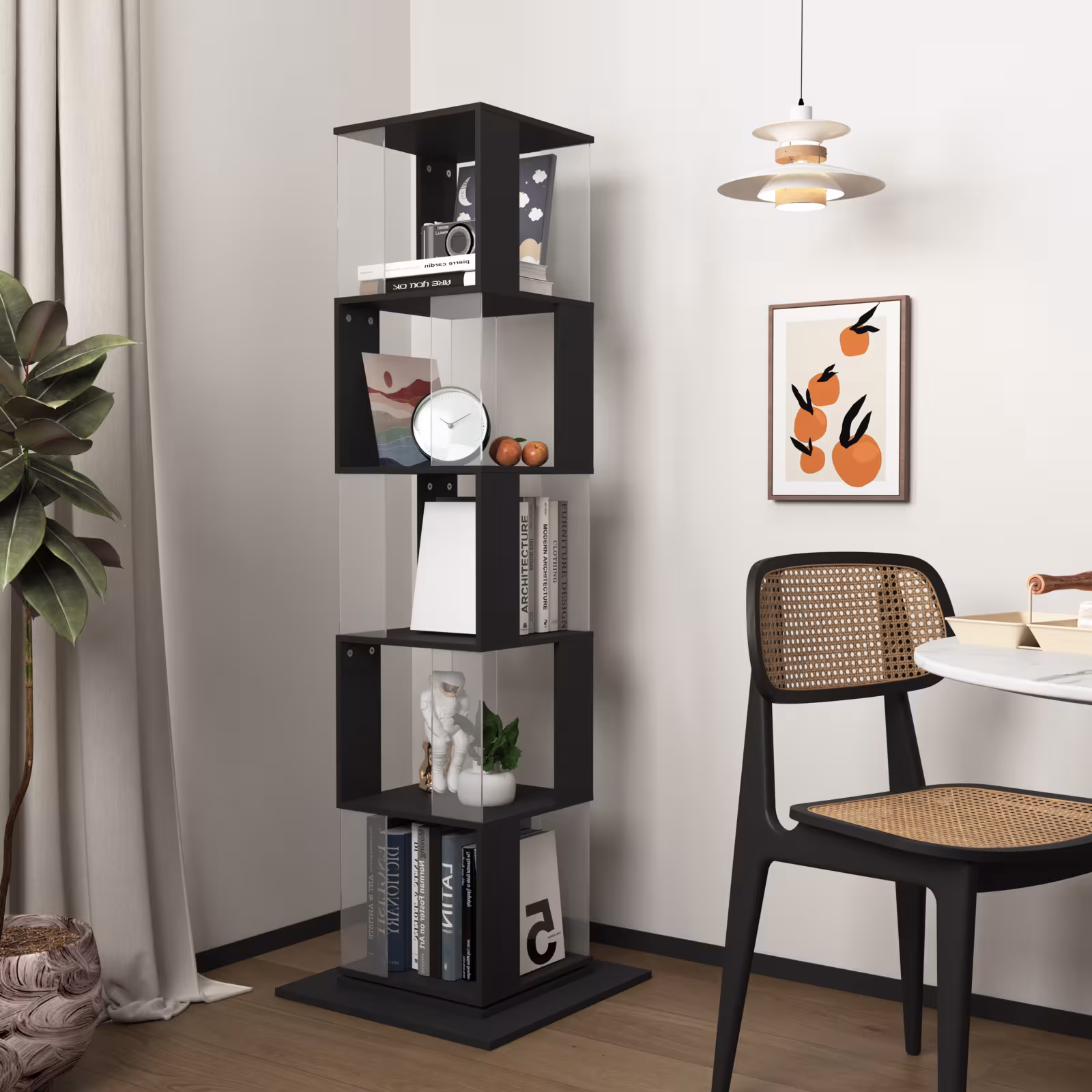 360 Rotating Bookshelf With Acrylic Plate, 5-Tier Tall, Floor Rack Simple Bookcase, Modern Display Shelf For Living Room Home Office Bedroom