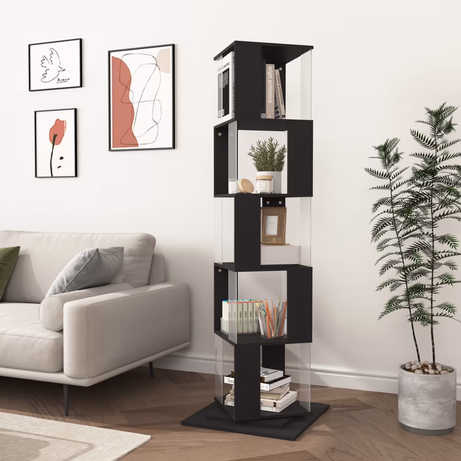 360 Rotating Bookshelf With Acrylic Plate, 5-Tier Tall, Floor Rack Simple Bookcase, Modern Display Shelf For Living Room Home Office Bedroom