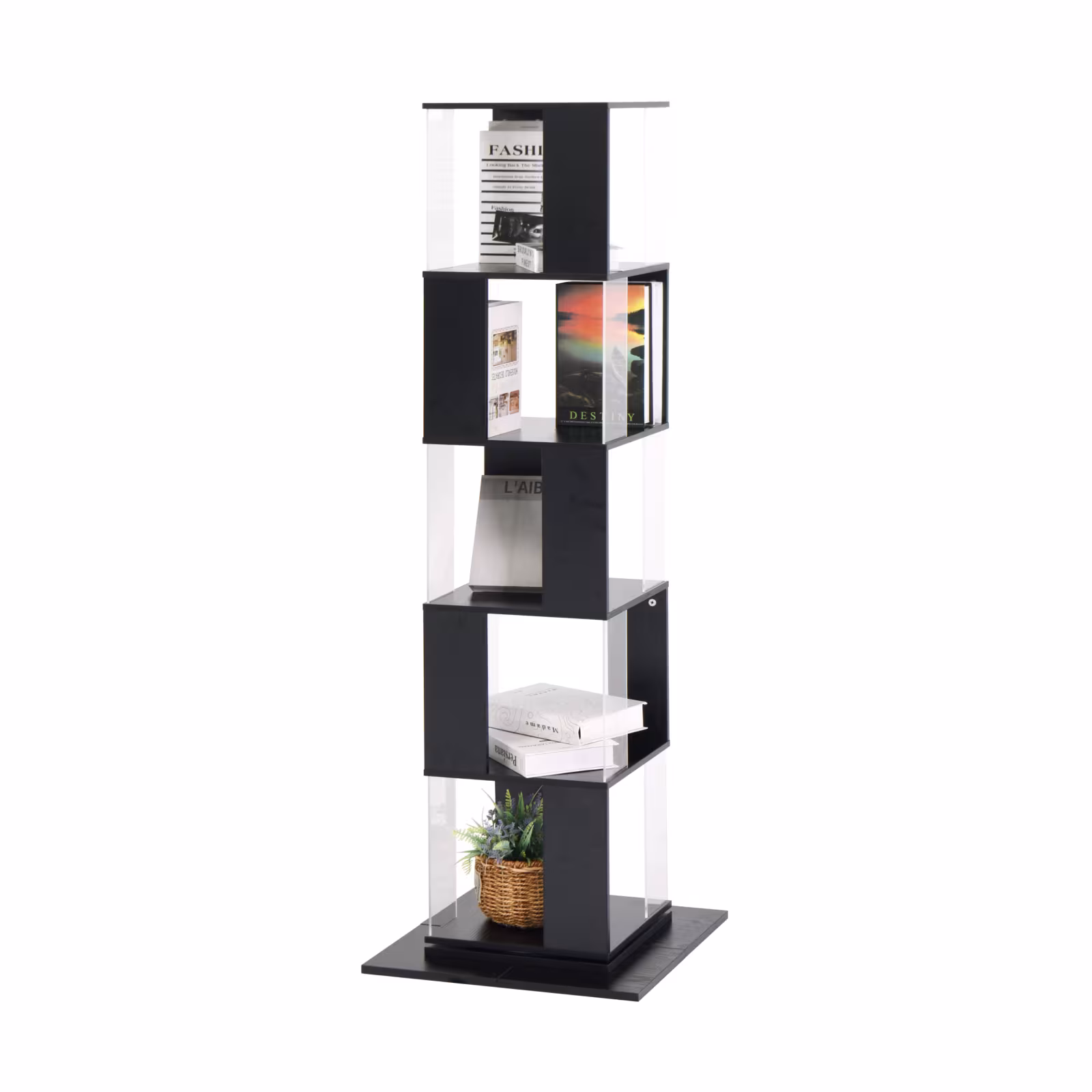 360 Rotating Bookshelf With Acrylic Plate, 5-Tier Tall, Floor Rack Simple Bookcase, Modern Display Shelf For Living Room Home Office Bedroom