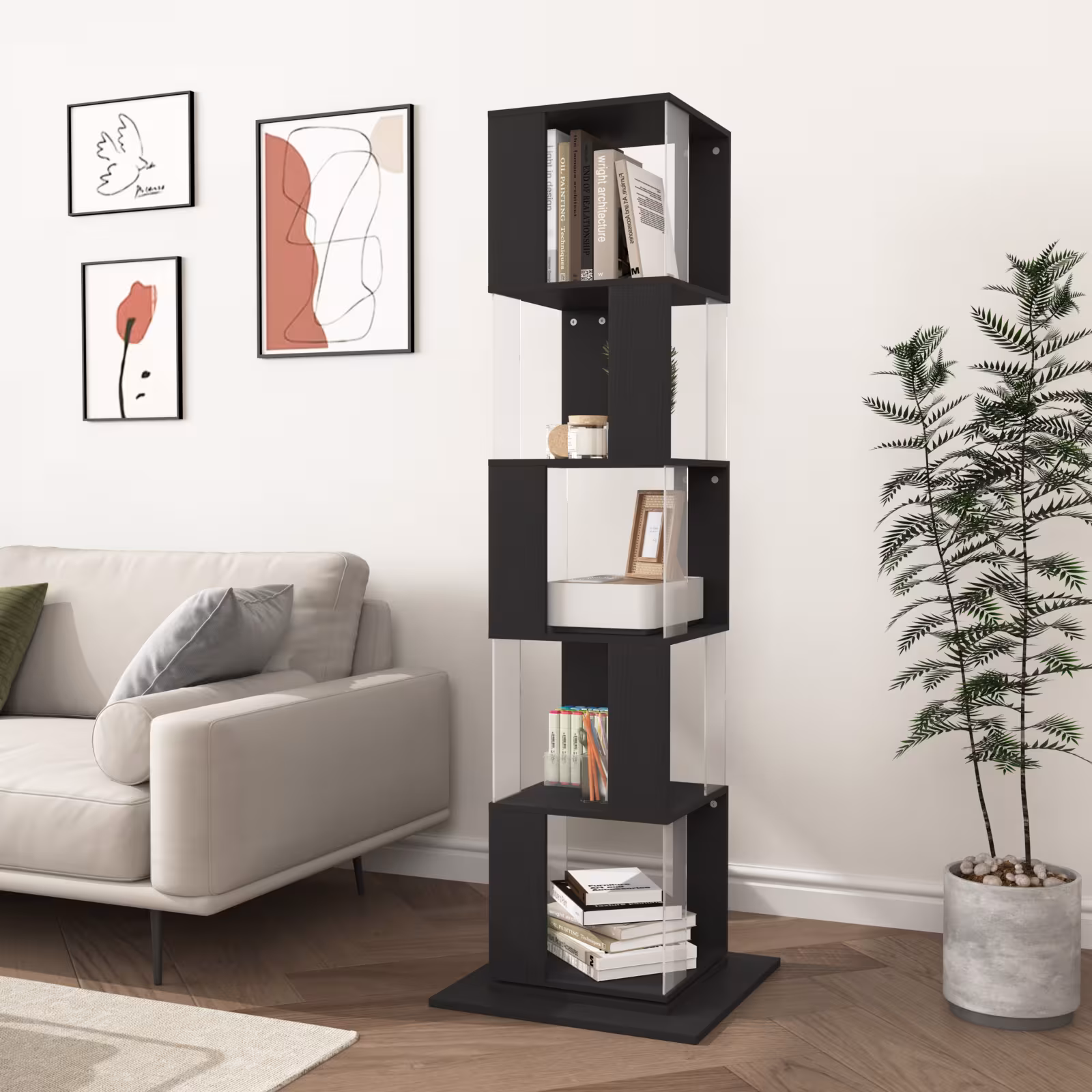 360 Rotating Bookshelf With Acrylic Plate, 5-Tier Tall, Floor Rack Simple Bookcase, Modern Display Shelf For Living Room Home Office Bedroom