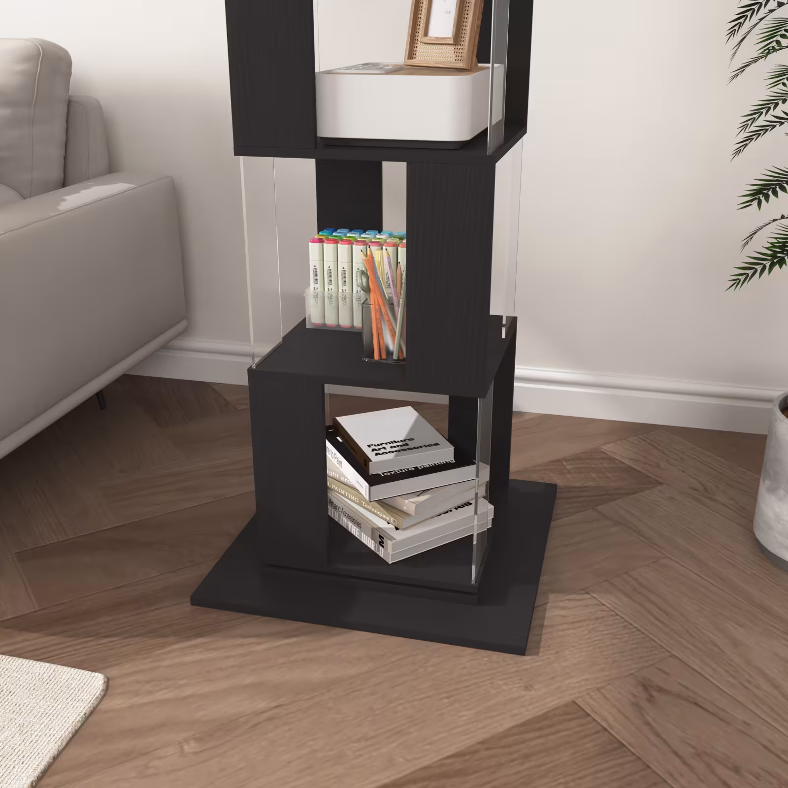 360 Rotating Bookshelf With Acrylic Plate, 5-Tier Tall, Floor Rack Simple Bookcase, Modern Display Shelf For Living Room Home Office Bedroom