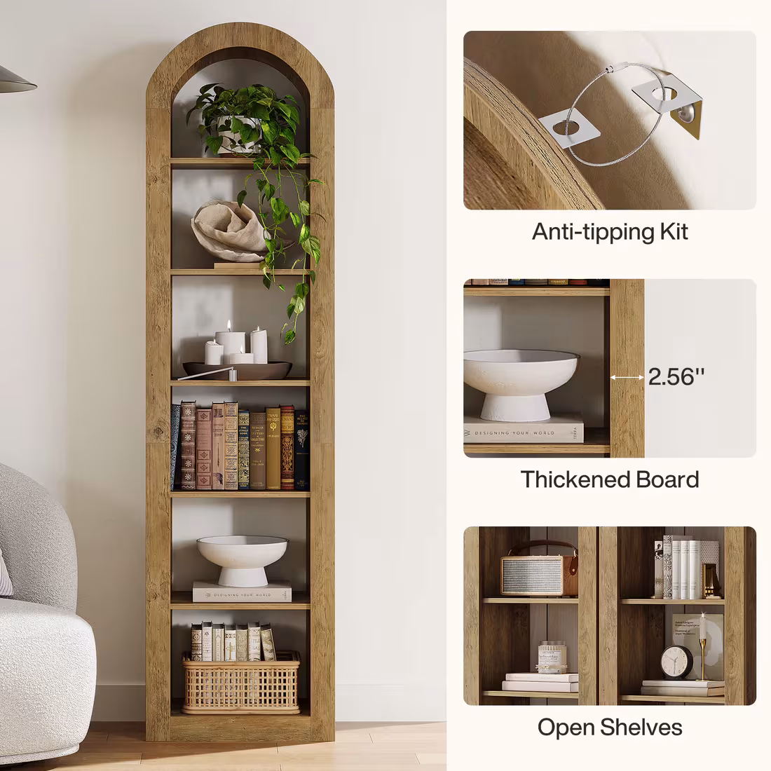 Open Bookcase,Arched Display Shelf