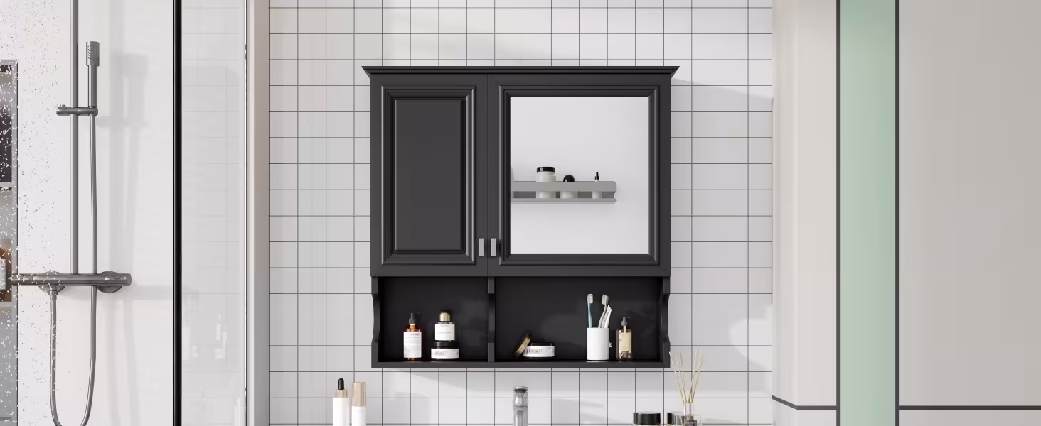 30 Inch Mirror Medicine Cabinet With Open Shelves, Wall Mounted Home Storage With Doors & Mirror, Adjustable Shelf, Bathroom Storage Cabinet Over Toilet