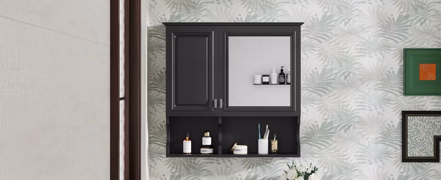 30 Inch Mirror Medicine Cabinet With Open Shelves, Wall Mounted Home Storage With Doors & Mirror, Adjustable Shelf, Bathroom Storage Cabinet Over Toilet