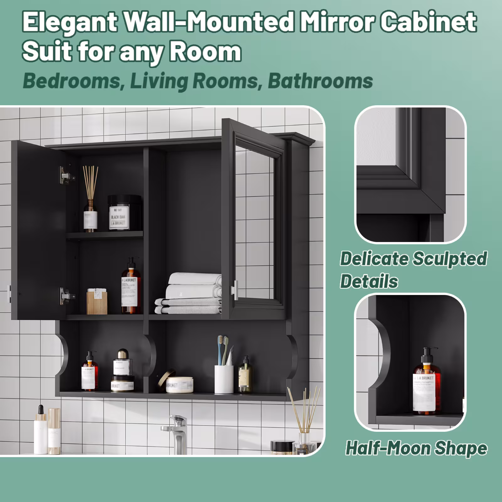 30 Inch Mirror Medicine Cabinet With Open Shelves, Wall Mounted Home Storage With Doors & Mirror, Adjustable Shelf, Bathroom Storage Cabinet Over Toilet